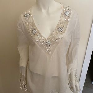 White Summer Blouse Sleeve Sheer w/ Embellishments Beads, Luxe Size Medium